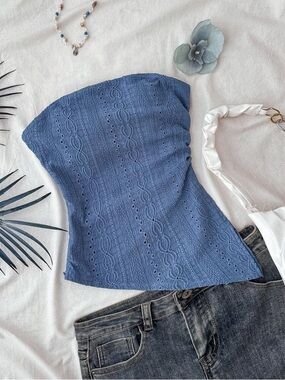 Blue Strapless Knit Lace-Pattern Camisole